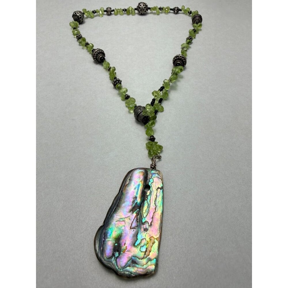 Peridot Gemstone Necklace Large Abalone Pendant Sterling Silver Beads